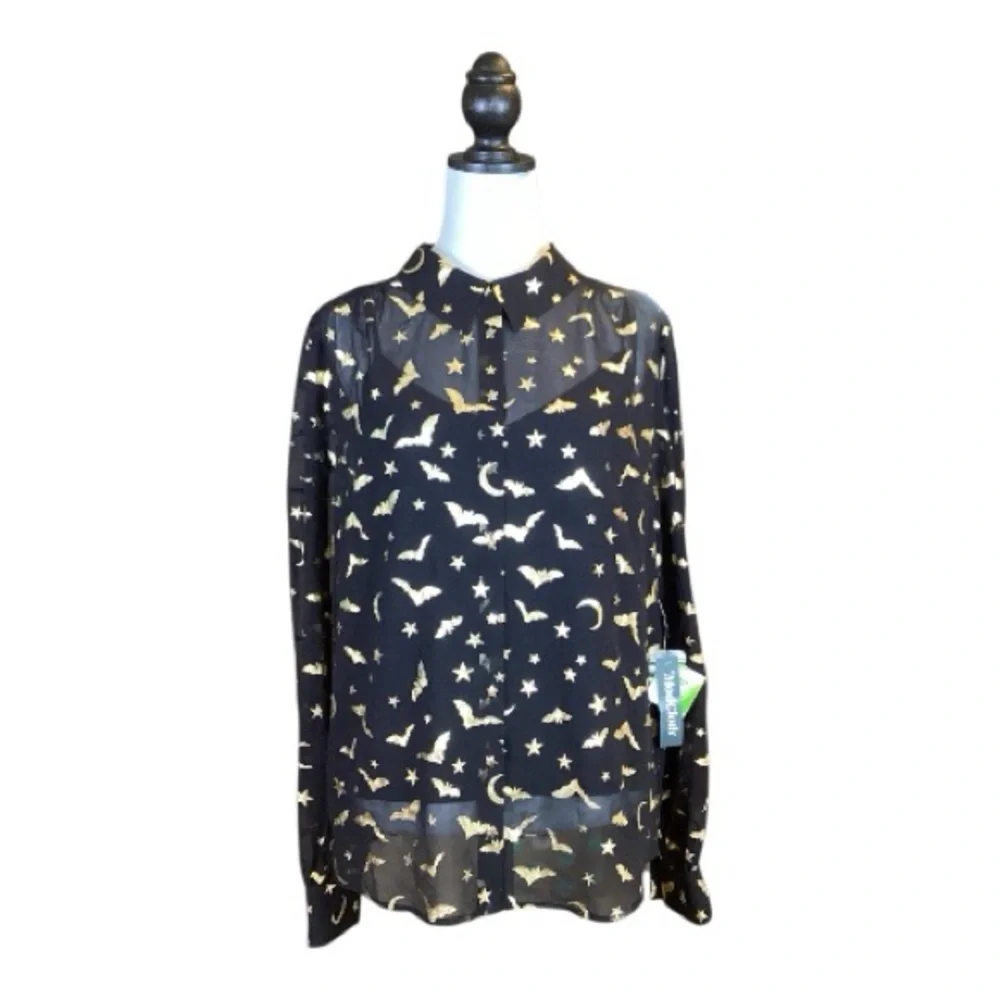 ModCloth NWT Goth Punk Black Gold 2 Piece Sheer Bat & Celestial Print Blouse XL - Picture 2 of 8